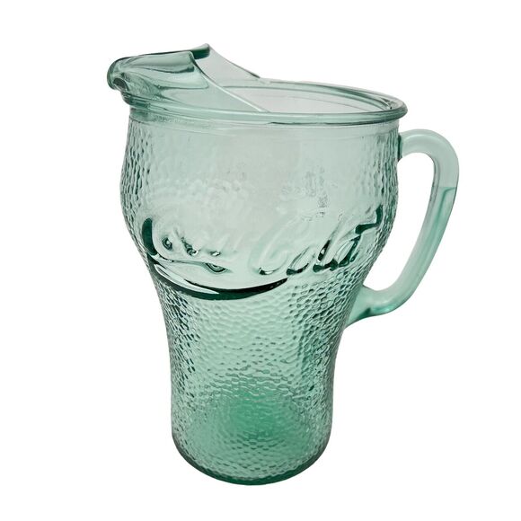 Coca Cola Pitcher 64 oz Fluted Ice Spout Vintage 70s Green Heavy Pebbled Glass - Picture 5 of 11